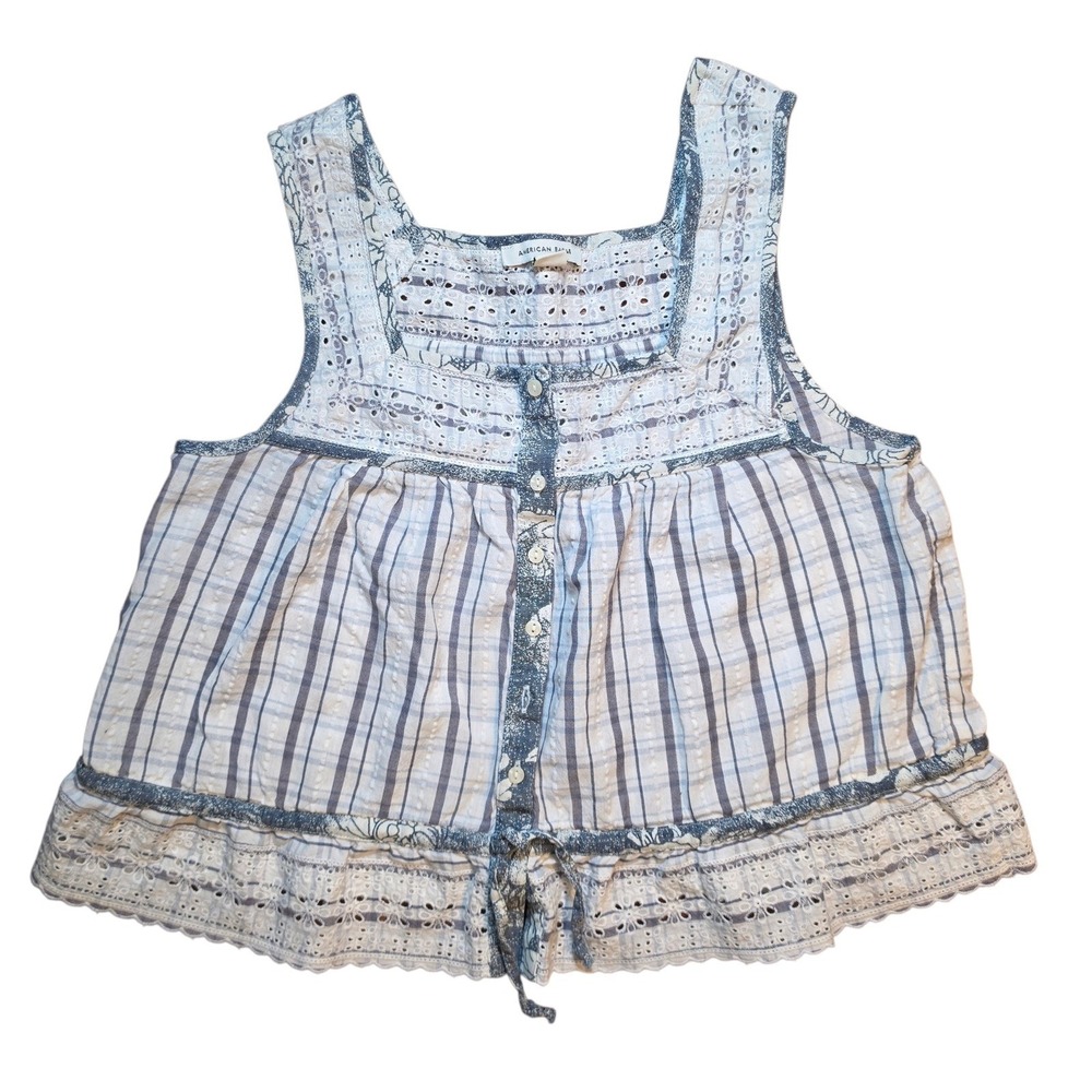 American Eagle Blue White Striped Eyelet Lace Babydoll Tank Top Small S Boho